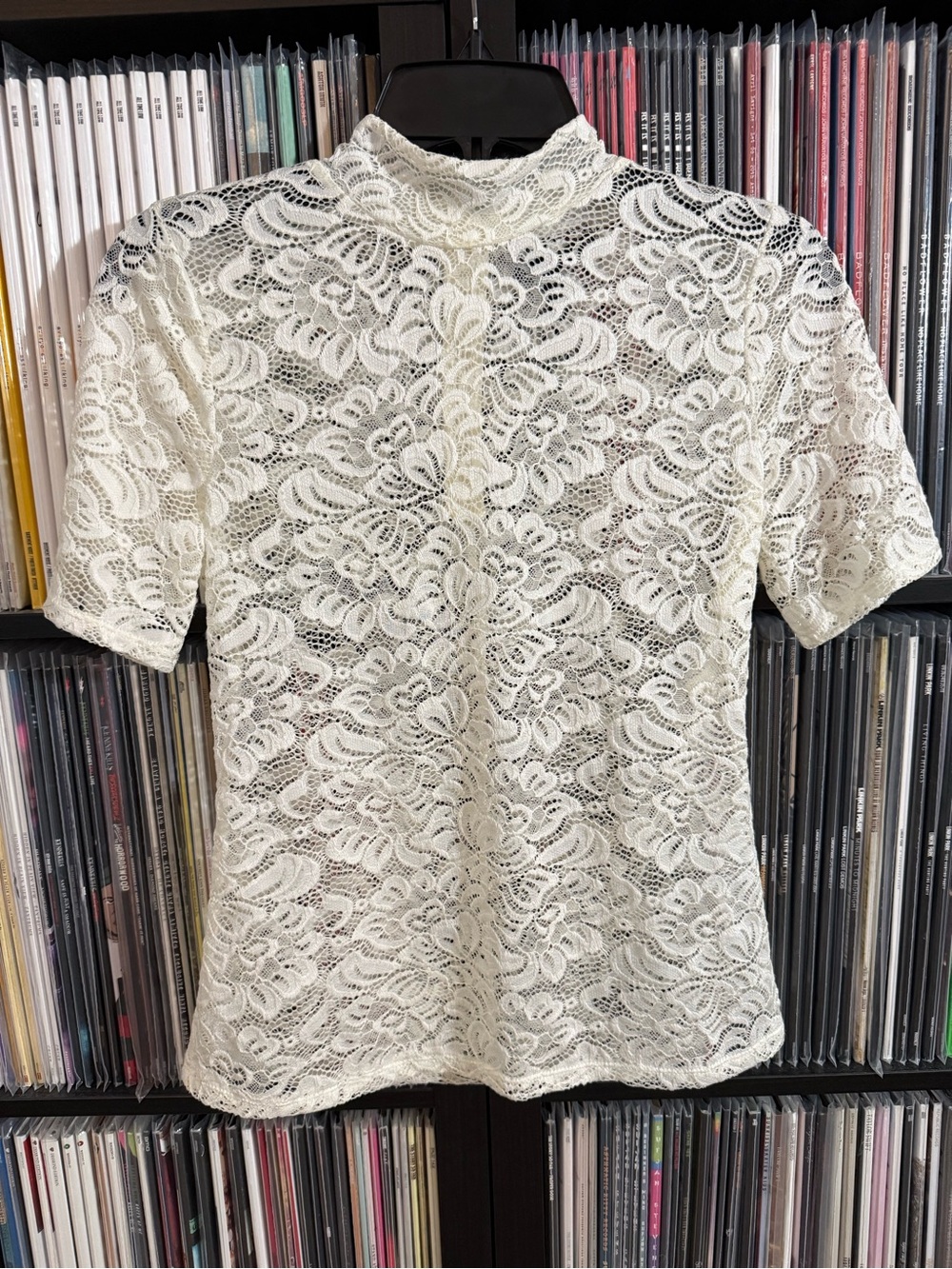 White House Black Market Ivory Lace Short-Sleeve Mock Neck Top